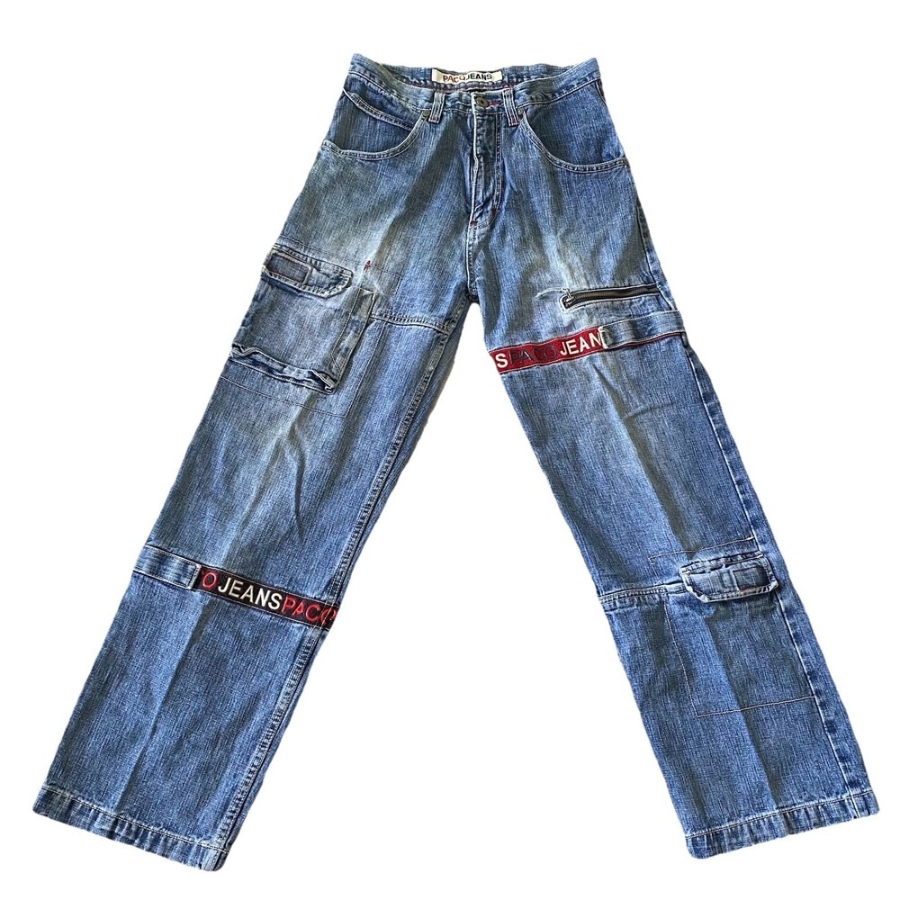 Vtg Paco Jeans Mens Blue Denim Baggy Straight Leg Skater Rave Y2K Red Accents